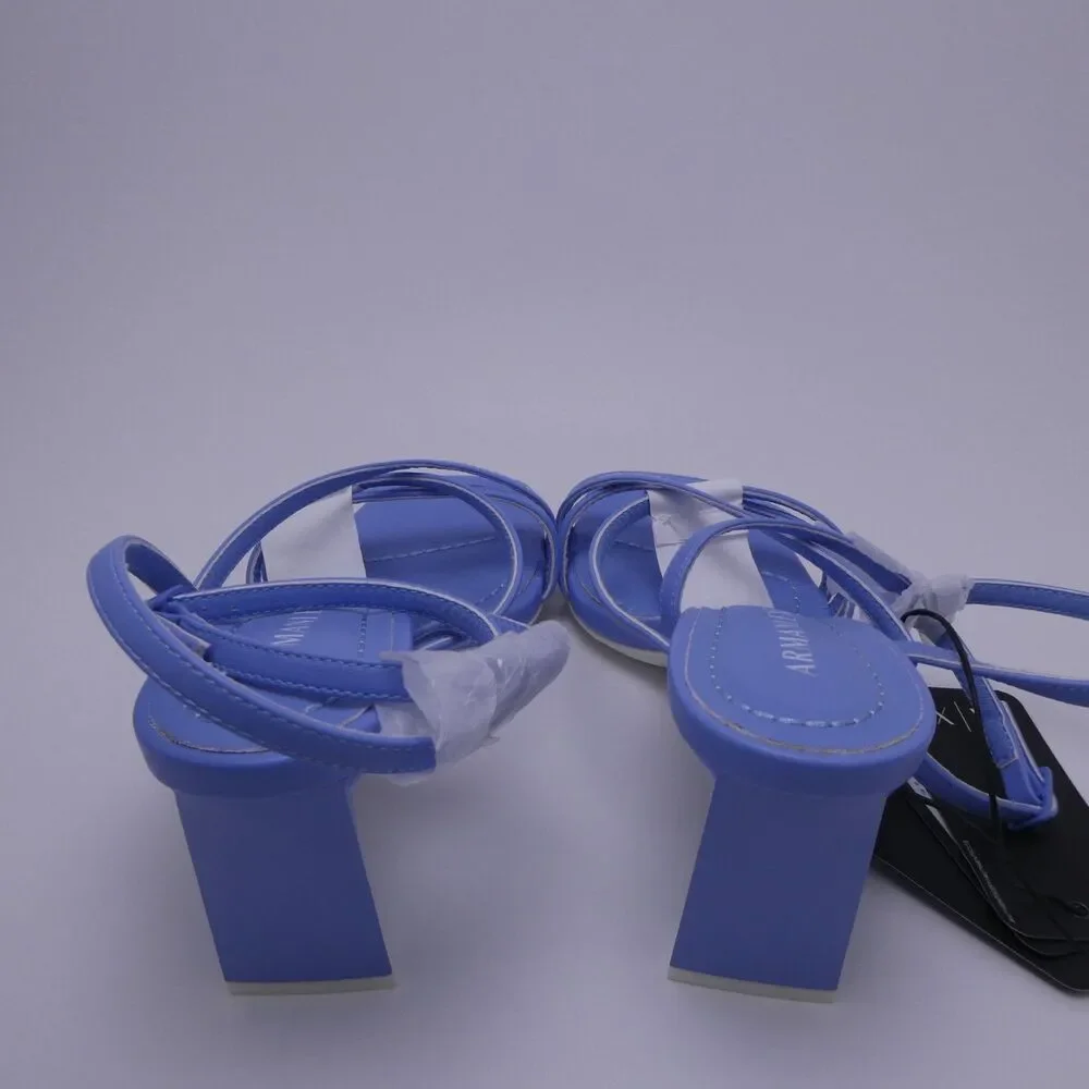 Armani Exchange Women's 6 Light Blue Leather Strappy Sandals Buckle Heel Square